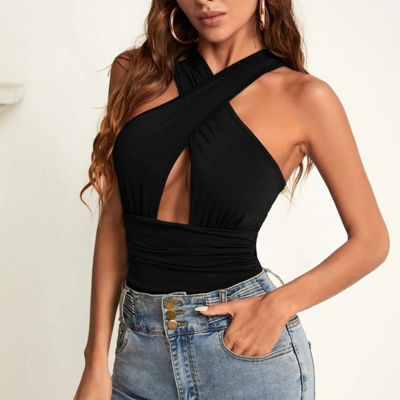 Black Preppy Womens Cross Wrap Cut Out Bodysuit - Picture 1 of 5